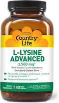 Country Life L-Lysine 1500mg Capsules with Vitamin D &amp Elderberry – Advanced Immune Support and Collagen Renewal – Certified Gluten-Free &amp Vegan – 180 Capsules