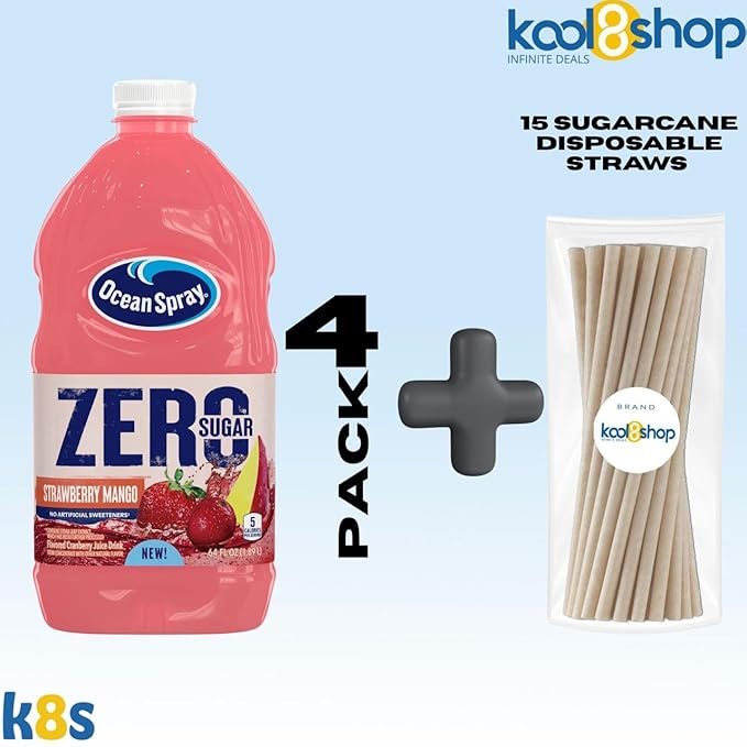 Ocean Spray Strawberry Mango Zero Sugar Fruit Juice Drink 64 fl oz 4 Pack + 15 Sugarcane Disposable Straws by KOOL8SHOP Infinite Deals