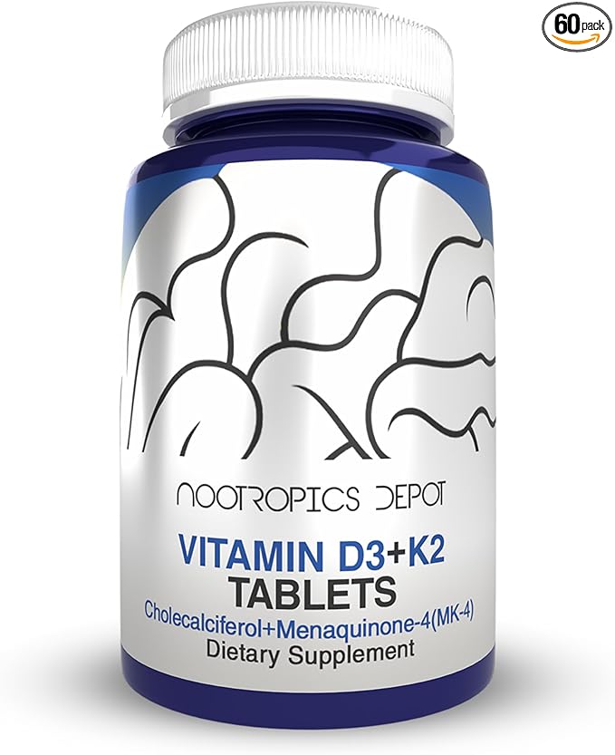 Nootropics Depot Vitamin D3 + K2 with Vitamin C Tablets | 60 Count | Cholecalciferol + Menaquinone-4 (MK-4) | Mood &amp Bone Health | Healthy Calcium Absorption