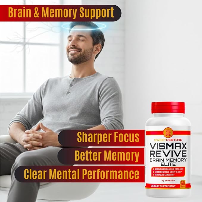 (1 Pack) Vismax Revive Official Vismax Revive Brain &amp Memory Support Supplement Pills with Premium Ingredients All Natural Advanced Formula for Healthy Circulation &amp Overall Wellness (60 Cap
