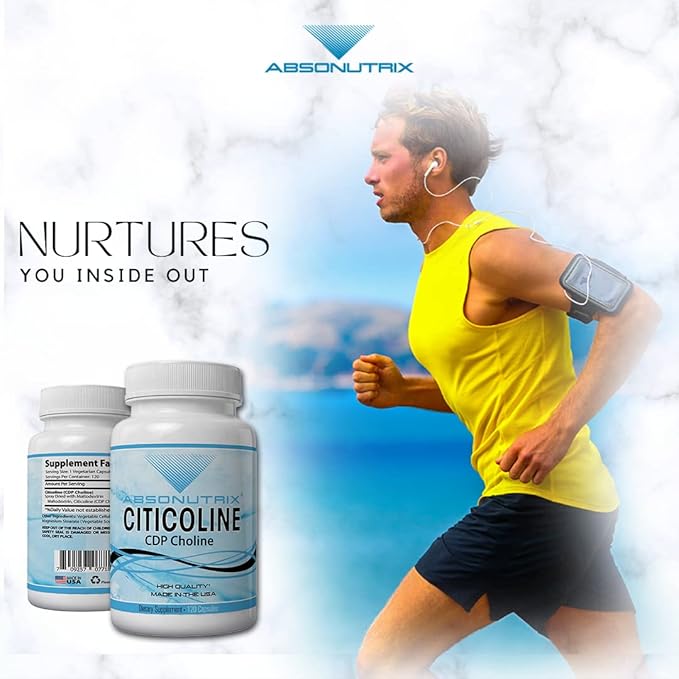 Absonutrix Citicoline CDP Choline 530mg Nootropic Supplement GMP Certified Third-Party Tested Easy to Swallow 120 Veg caps Improves Cognitive Skills Supports Memory Non-GMO Made in USA