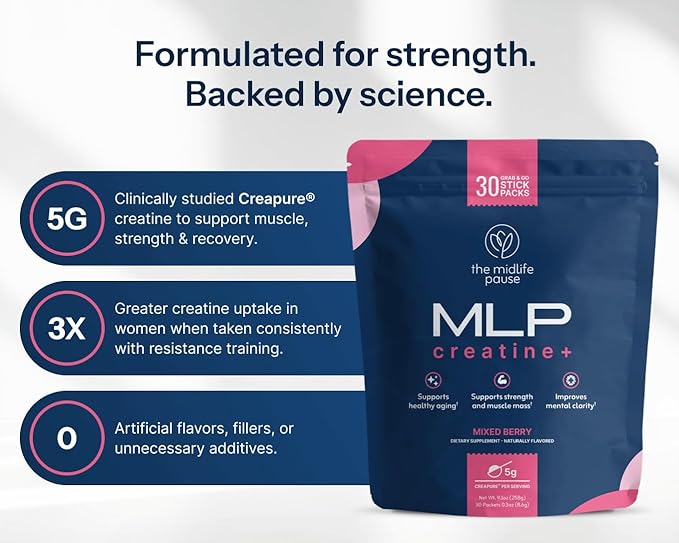 Midlife Pause MLP Creatine + Creapure Creatine Powder Mixed Berry 30 Servings Stick Packs 5g per Serving Alpha GPC + B Vitamins Supports Strength Lean Muscle &amp Recovery for Women