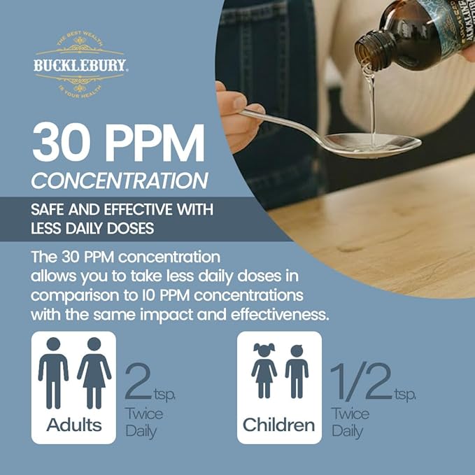 Bucklebury Silver Solution Liquid 30ppm - pH Balanced Natural Alkaline Structured Colloidal Silver Liquid for Immune Support &amp Overall Health - Gluten Free Colloidal Drops for Adults &amp Pets -