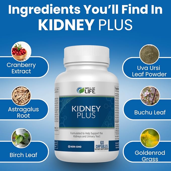 Well of Life: Kidney Plus 600mg with Cranberry Extract Astragalus Root Java Tea-Leaf &amp antioxidants for Overall Well-Being Helps Healthy Kidney Function &amp Urinary Tract Wellness 60 Capsule