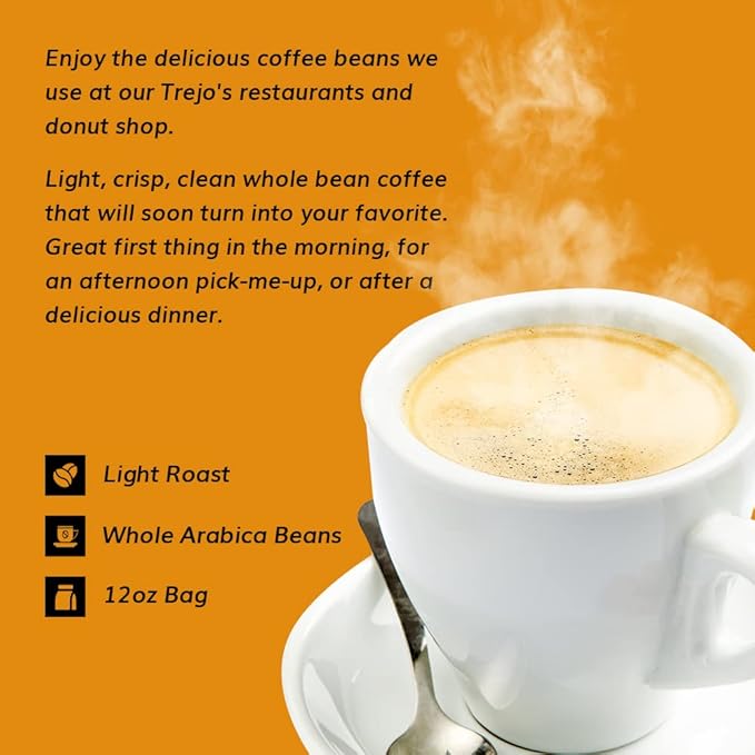 Trejo's Coffee House Blend Light Roast Whole Bean Coffee 12 Ounce Bag 100% Arabica