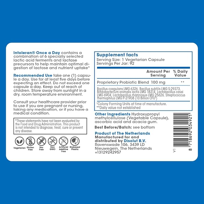 Intoleran Once a Day - 92 Capsules | Probiotic Lactose Intolerance Supplement | Actively Produces Lactase Enzyme &amp Helps Digest Dairy | 1 Capsule per Day | 6 Lactic Acid Ferments | Pure &amp Dair