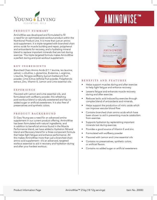 Young Living AminoWise 7.32oz - Wolfberry Lemonade Flavored Drink Mix - Muscle Performance Fatigue Reduction and Post-Exercise Support - 30 Servings