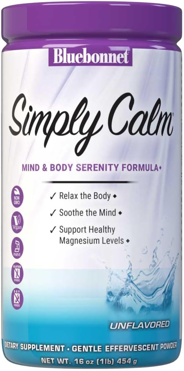 Bluebonnet Nutrition Simply Calm Powder For Calm* Muscle Cramps* Stress Relief* Vegan Vegetarian Non GMO Gluten Free Soy Free Milk Free Kosher 16 oz 90 Servings Unflavored