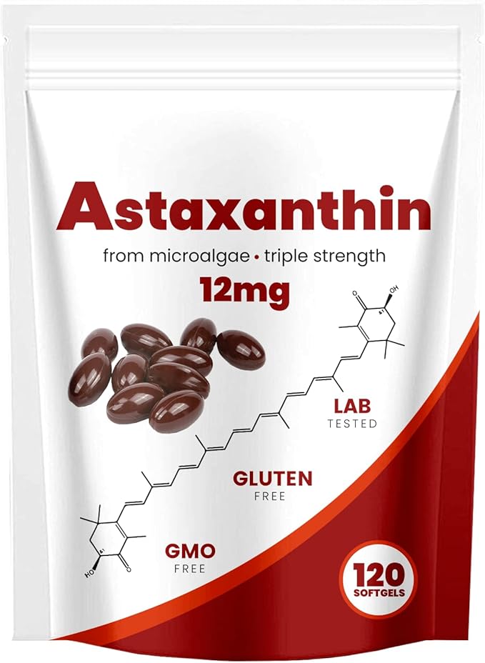 Astaxanthin 12mg Natural Antioxidant Supports Immune Fresh Microalgae for Skin Eye and Internal Circulation Health 120 Softgels (01 01#)