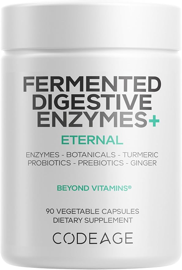 Codeage Fermented Digestive Enzymes Supplement 3-Month Supply - 14 Digestive Enzymes Probiotics Prebiotics Fermented Botanicals Plant-Based Multi Pancreatic Enzymes - 1 Capsule a Day - 90 Capsules