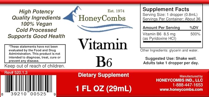 Vitamin B6 Liquid Drops 500% DV Pyridoxine B6 Supplement Alcohol Free Fast Absorbing B6 Vitamins for Energy Brain &amp Immune Support Made in the USA