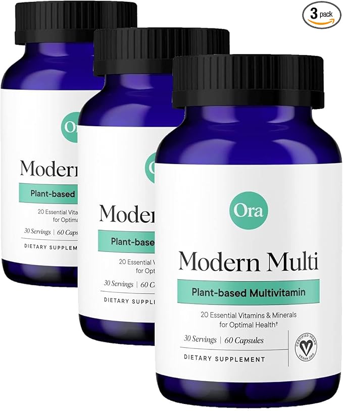 Ora Organic Plant Based Multivitamin for Women and Men Bluelight Protection - Brain Eye Energy Immune Skin Hair Heart and Bone Health Support 60 Vegan Capsules (Pack of 3)