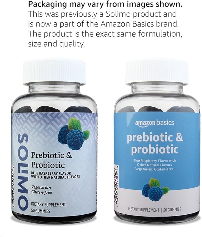 Amazon Brand - Solimo Prebiotic &amp Probiotic Gummies Two Billion CFU Blue Raspberry 50 Count (2 per Serving) (Pack of 2)