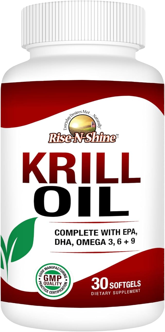Rise-N-Shine Krill Oil Softgels Omega 3 6 &amp 9 with EPA &amp DHA Support 500 mg Krill Oil per Softgel Non-GMO Formula 30 Softgels Manufactured in the USA with Globally Sourced Ingredients