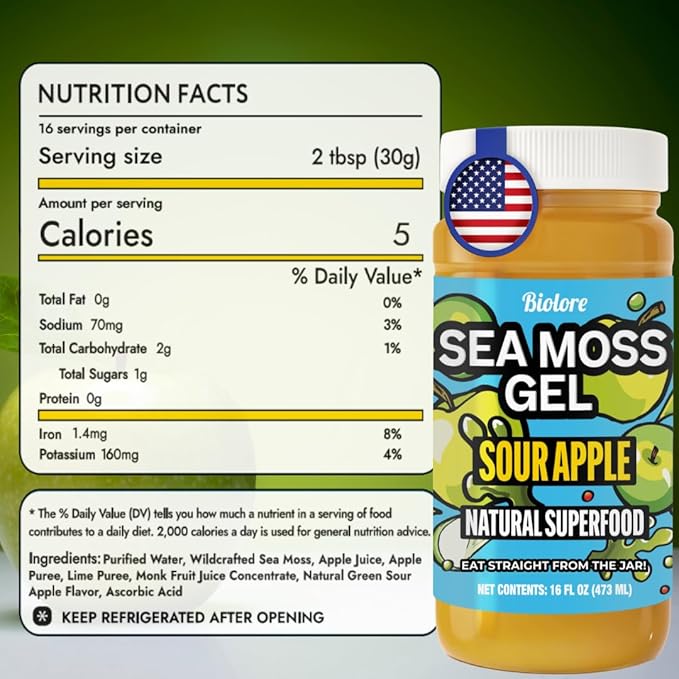 Biolore Sour Apple Sea Moss Gel 16 oz - No Added Sugar Vegan Made in USA - Wildcrafted Sea Moss Superfood with 92 Essential Vitamins - Ready to Use No Prep Needed