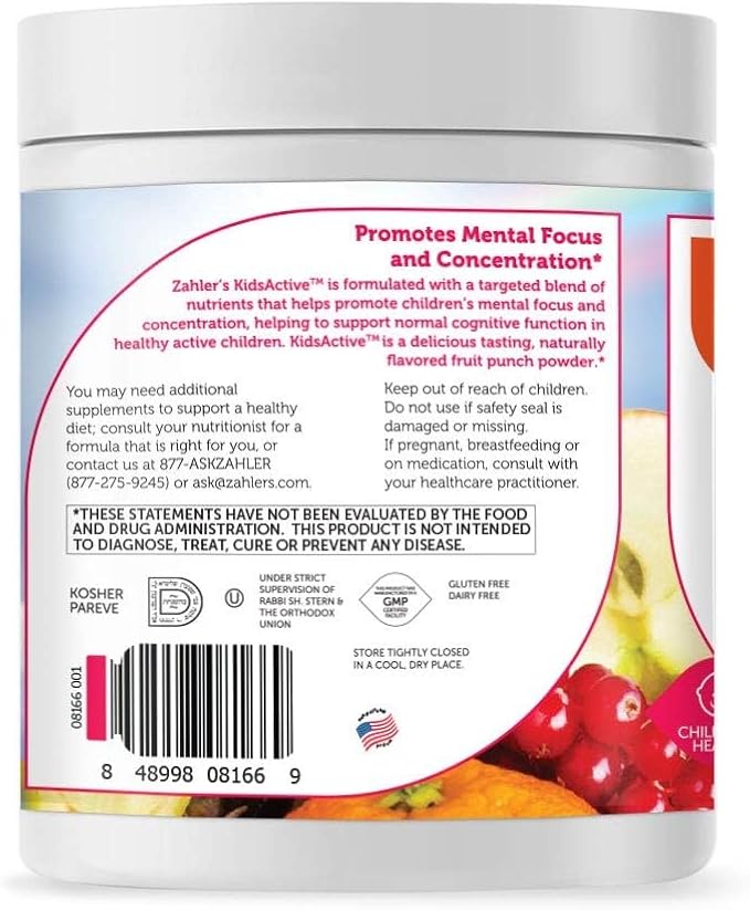 Zahler KidsActive Kids Concentration Formula Powder All Natural Children’s Supplement Supporting Focus Certified Kosher 30 Servings Fruit Punch Flavored Powder