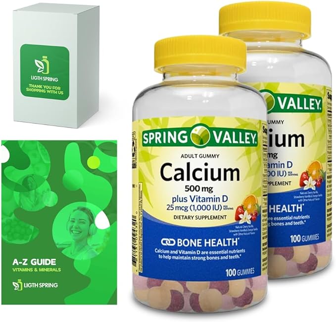 Calcium Plus Vitamin D Adult Gummies 500mg 1000 IU Assorted Flavors 100 Ct (2 Pack) Bundle with Exclusive Vitamins &amp Minerals - A to Z - Better Light&ampSpring Guide (3 Items)