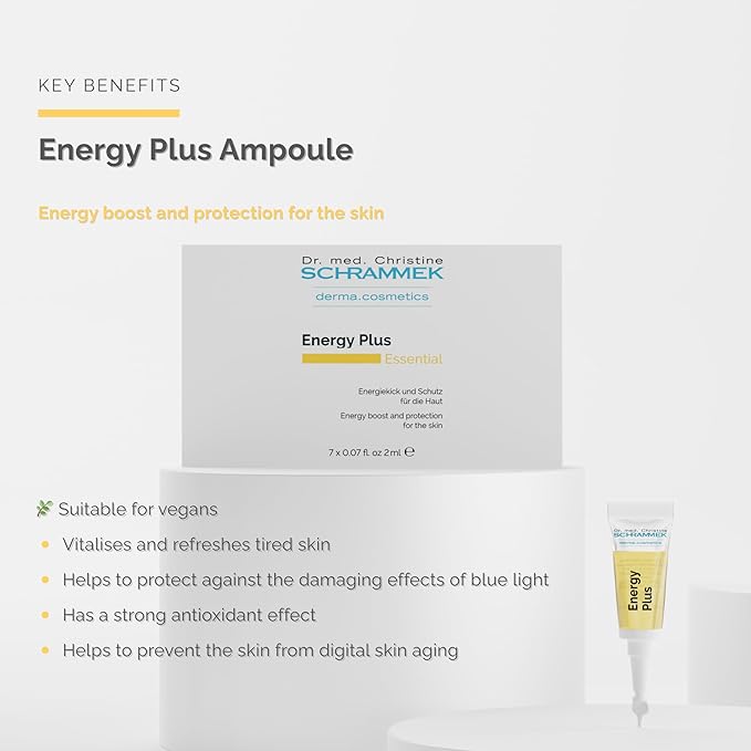 Energy Plus Ampoules (7 x 0.07 fl oz) – Energizing and Protective Skincare – Q10 and Vitamins E C B5 – Shields Against Blue Light – Revitalizes Tired Skin – Dr. Schrammek