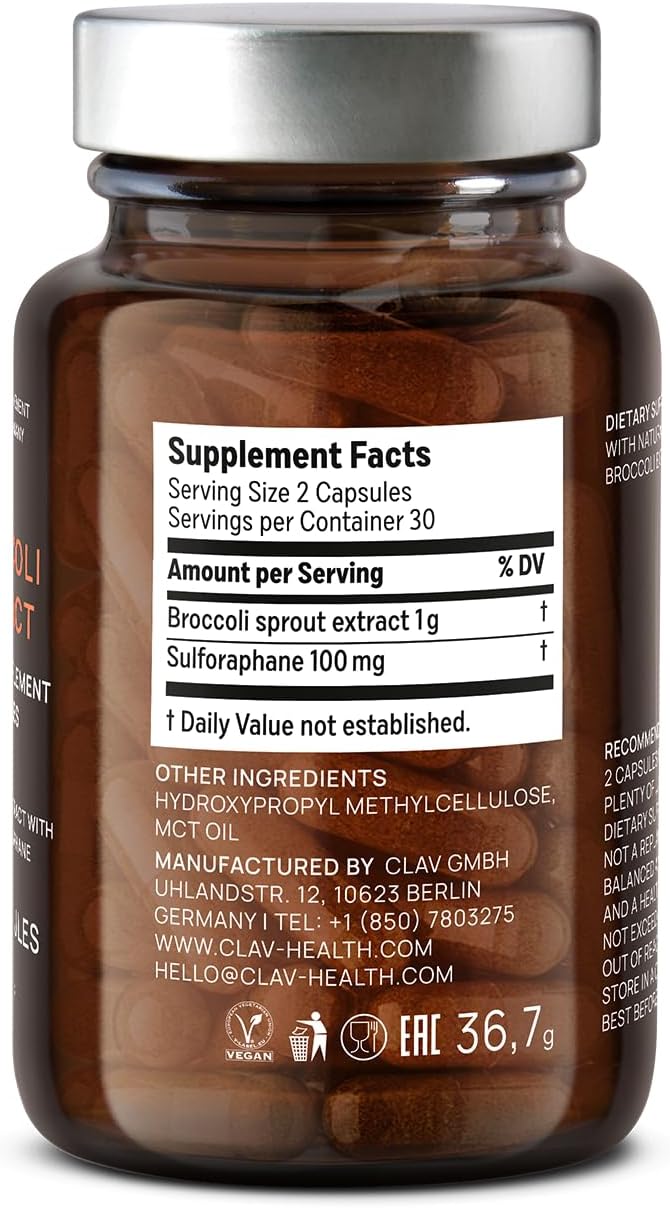 CLAV Broccoli Sprout Extract Capsules - Premium Sulforaphane Supplement with 100mg Sulforaphane - Antioxidant - 60 Broccoli Pills - Made in Germany