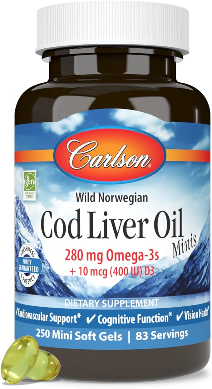 Carlson - Cod Liver Oil Minis 280 mg Omega-3s + Vitamins A &amp D3 Heart Support &amp Cognitive Function Vision Health 250 Mini Soft Gels
