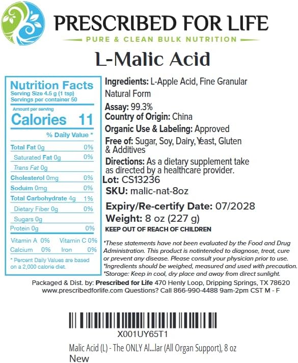 Prescribed for Life L Malic Acid Powder 100% Pure Malic Acid Supports Energy and Endurance USP Grade Gluten Free Vegan Non GMO (8oz / 227g)