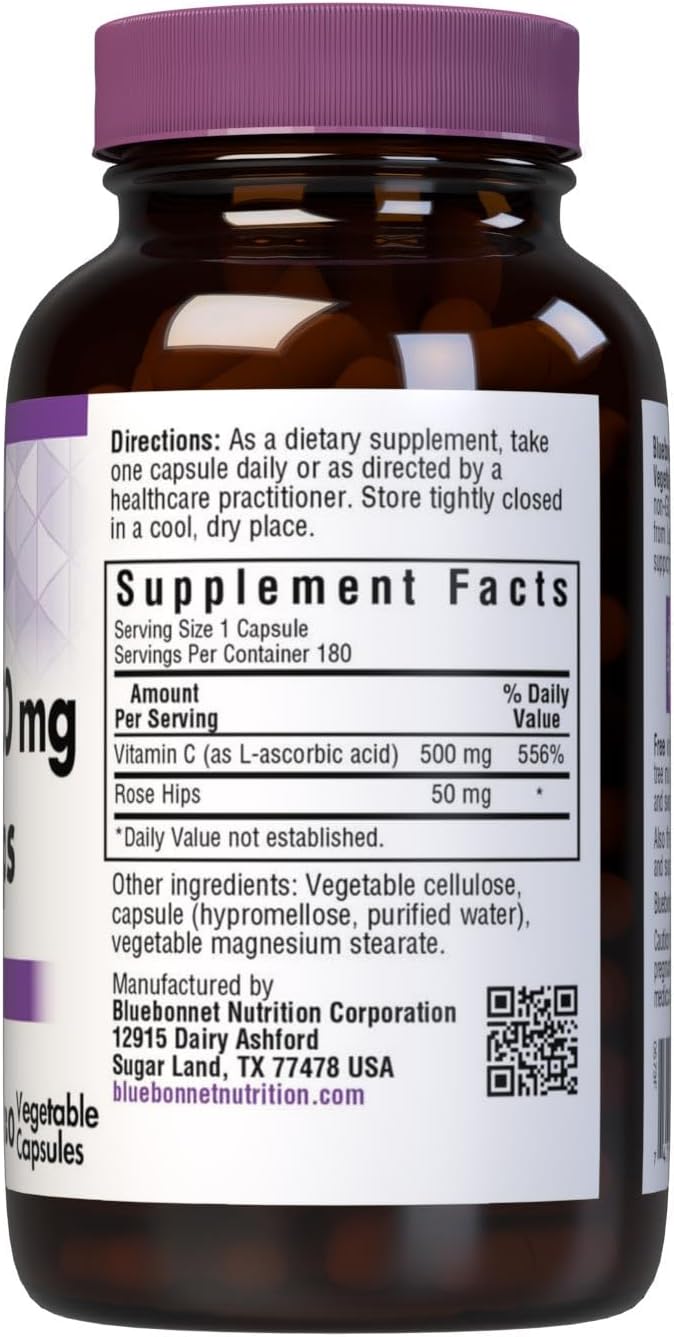 Bluebonnet Vitamin C 500 mg Plus Rosehips Vegetable Capsules 180 Count