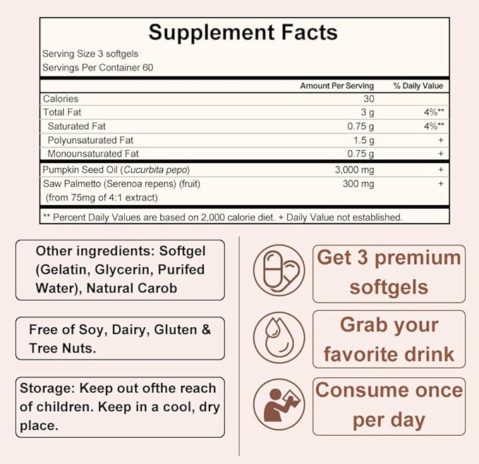 Pumpkin Seed Oil Pumpkin Seed Oil Capsules with Saw Palmetto | 3000mg Cold Pressed | for Hair Growth - Non-GMO - 180 Softgels（N-1）