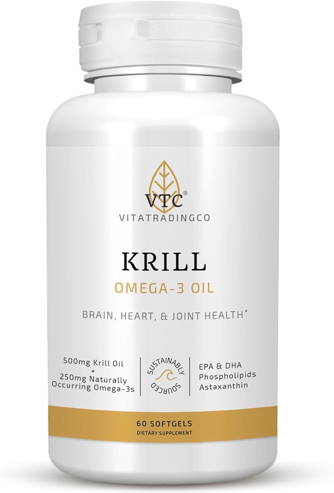VTC VitaTradingCo. Krill Omega-3 Oil Supplement | 100mg Pure Antarctic Neptune Krill Oil (NKO) | EPA &amp DHA Astaxanthin | Brain Heart Joint &amp Eye Support | 60 Softgels