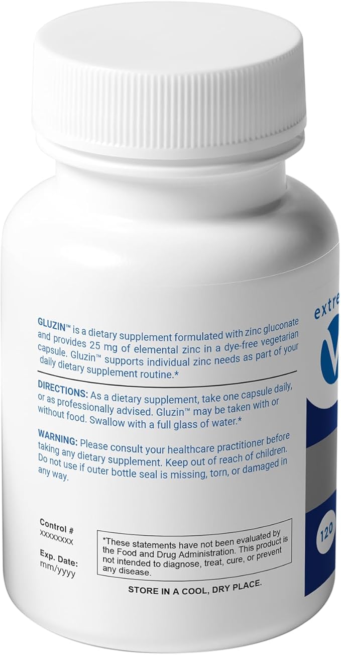 Gluzin™ Zinc Supplement 25 mg | Zinc Gluconate | Clean-Label 120 Small Vegetarian Capsules | Gentle Low-Dose Option for Daily Support