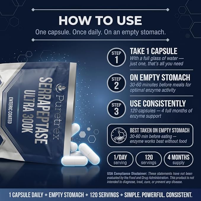Serrapeptase Ultra 300K Enteric Coated Dietary Supplement 120 Capsules Powerful Enzyme Support Advanced Inflammation Relief Vegan Gluten Free Sugar Free