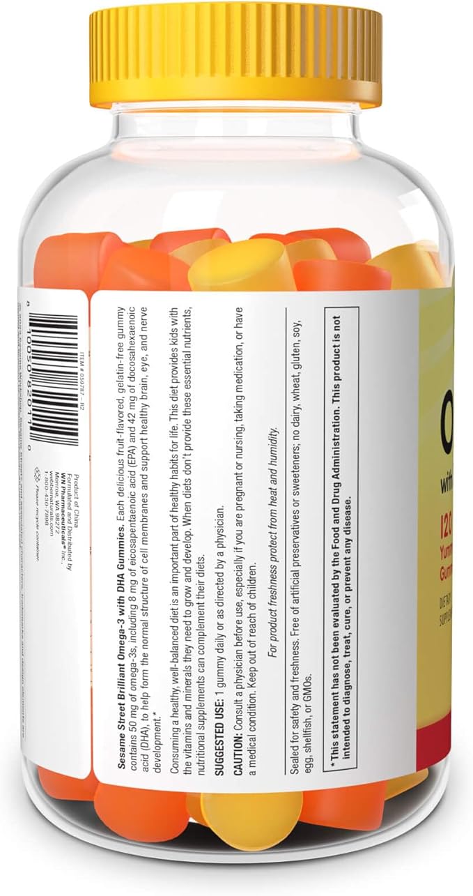 Sesame Street Omega 3 Gummies for Kids 50 mg of Omega-3 per Gummy 4 Month Supply No Fishy Aftertaste Shellfish Free Supplement Brain &amp Eye Support 120 Gummies