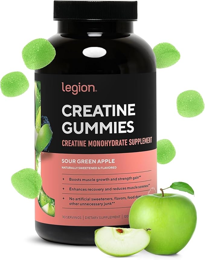 LEGION Creatine Monohydrate Gummies – Clean Chewable Creatine Supplement for Strength Endurance &amp Muscle Recovery – 30 Sour Green Apple Flavor Servings – No Artificial Flavors or Sweeteners.