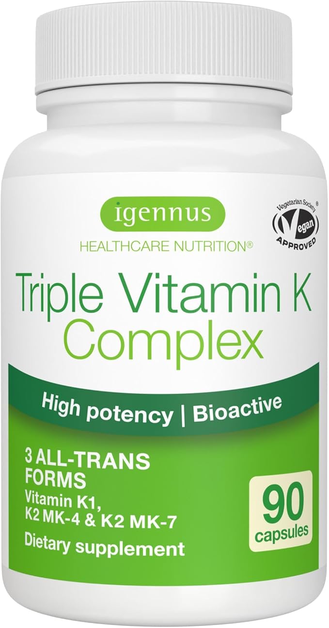 Igennus High Strength Triple Vitamin K Complex 2700 mcg K1 &amp K2 (MK-4 &amp MK-7) 1-a-Day Clean Label Advanced Bioactive Forms Bone &amp Cardiovascular Support Vegan 90 Fast Action Capsule