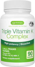 Igennus High Strength Triple Vitamin K Complex 2700 mcg K1 &amp K2 (MK-4 &amp MK-7) 1-a-Day Clean Label Advanced Bioactive Forms Bone &amp Cardiovascular Support Vegan 90 Fast Action Capsule