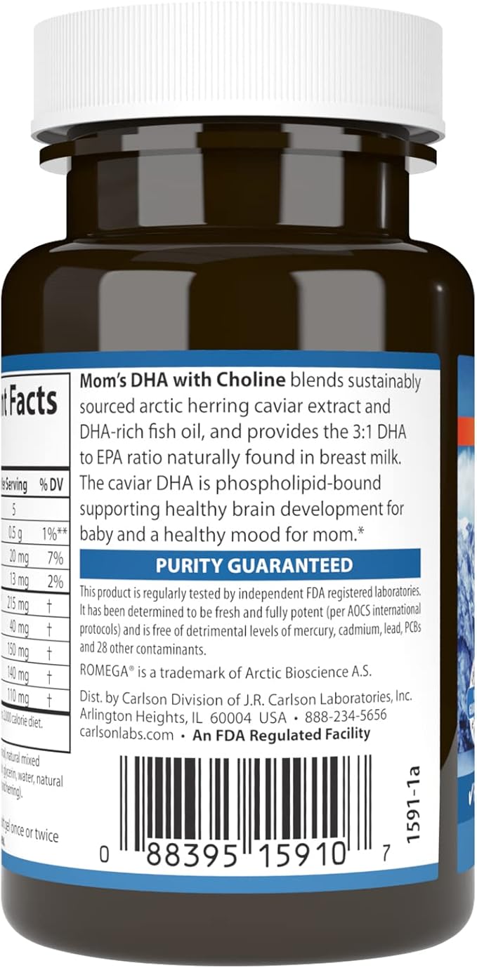 Carlson - Mom's DHA with Choline 3:1 DHA to EPA Ratio Found in Breastmilk Growth and Development 60 Softgels