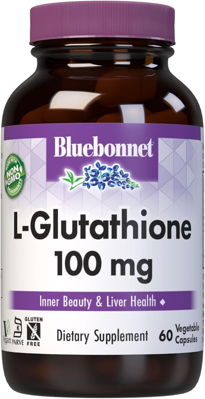 BlueBonnet L-Glutathione Supplement 100 mg Free-Form L-Glutathione for Liver Health &amp Antioxidant Support for Women &amp Men - Non-GMO Vegan Gluten-Free Kosher Soy-Free - 60 Vegetable Capsule