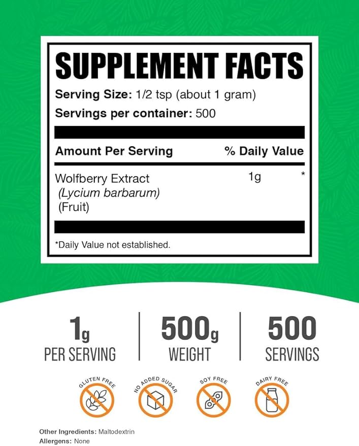 BulkSupplements.com Wolfberry Extract Powder -Goji Berries Supplement Fruit Powder - Vegan &amp Gluten Free 1g per Serving 500g (1.1 lbs) (Pack of 1)