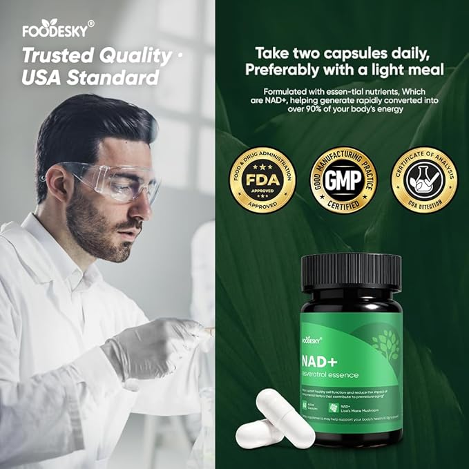NAD+ Resveratrol Essence Capsules - 5mg NAD+ &amp Lion's Mane Mushroom - Supports Healthy Cell Function &amp Daily Wellness - 60 Active Dietary Capsules (2PCS)