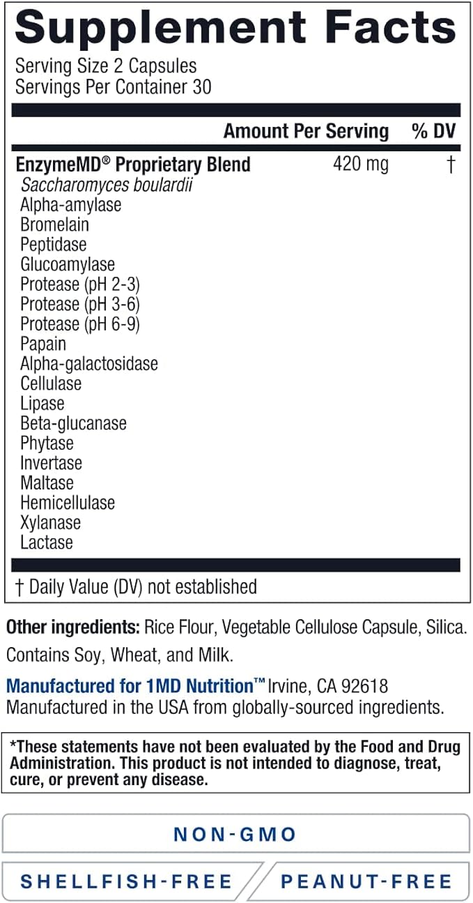 1MD Nutrition EnzymeMD - Digestive Enzymes Supplement - Doctor Formulated | 18 Plant-Based Enzymes - Gas &amp Bloating Support | 60 Capsules