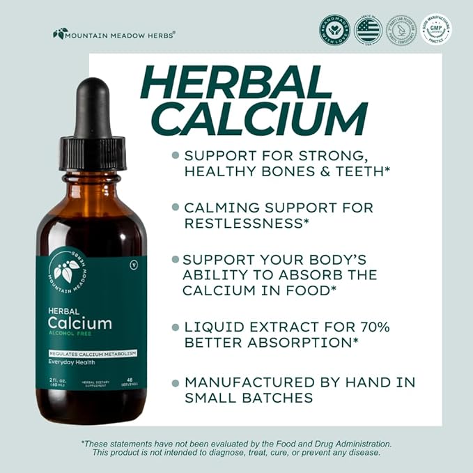 Mountain Meadow Herbs Herbal Calcium – Vegan Liquid Calcium Supplement for Bone &amp Teeth Support High Absorption Plant-Based Formula for Adults &amp Kids - 2 oz