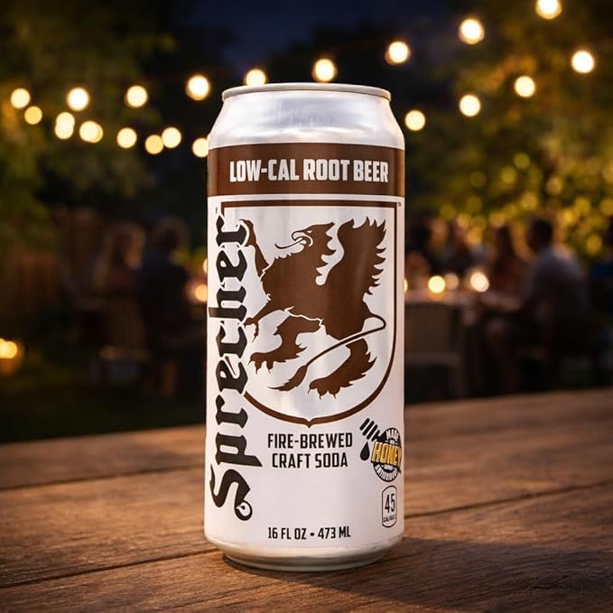 Sprecher Low Cal Root Beer Soda 16 fl oz Cans (12 Pack) Fire-Brewed Reduced Calorie Craft Soda with Real Honey Caffeine-Free Gluten Free Kosher Gourmet Soft Drink