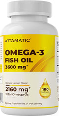 Vitamatic Triple Strength Omega 3 Fish Oil 3600mg Per Serving 2160mg Omega 3 Fatty Acids 1296mg EPA + 864mg DHA Burpless Lemon Flavor 180 Softgels- 2 Pack