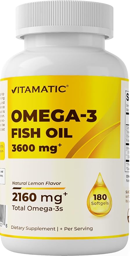 Vitamatic Triple Strength Omega 3 Fish Oil 3600mg Per Serving 2160mg Omega 3 Fatty Acids 1296mg EPA + 864mg DHA Burpless Lemon Flavor 180 Softgels- 2 Pack