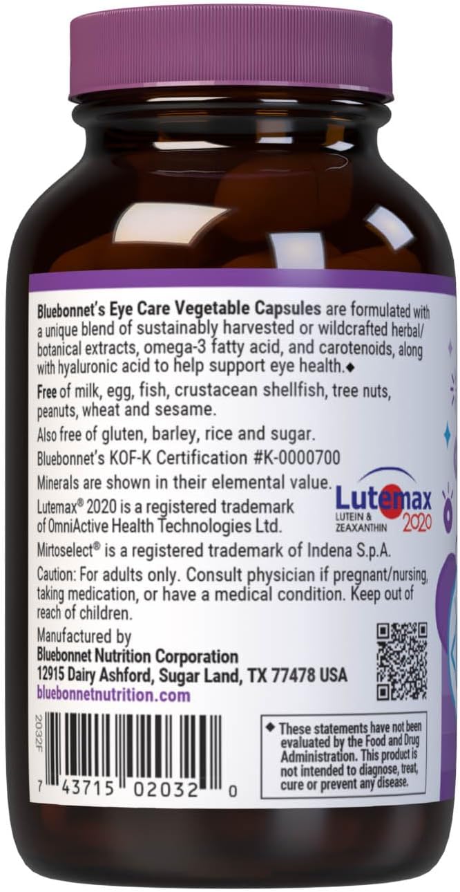 Bluebonnet Nutrition Eye Care Macular &amp Blue Eye Health &amp Blue Light Support* Vegan Kosher-Certified Gluten-Free Dairy-Free 60 Vegetable Capsules 30 Servings