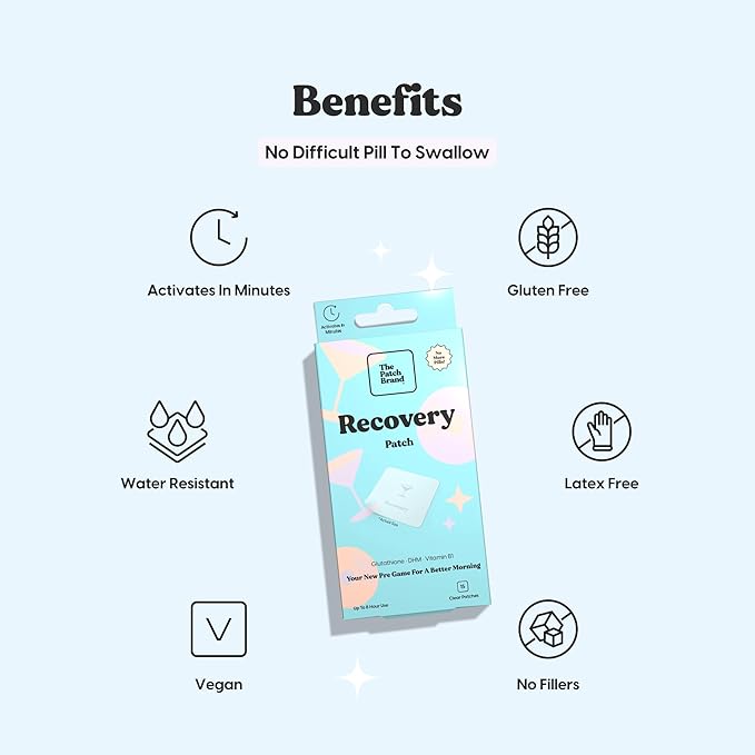 The Patch Brand Recovery Patches | Supports Morning After with Vitamin B1 DHM Glutathione | Party &amp Travel Must Haves | Long Lasting Water Resistant Patches