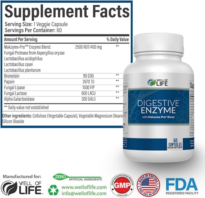 Well of Life Digestive Enzyme: 700mg 60 Vegetarian Capsules Enhance Digestive Health Nutrient Absorption &amp Gut Health Lactobacillus Bromelain Papain &amp More All-Natural Vegan Made in U