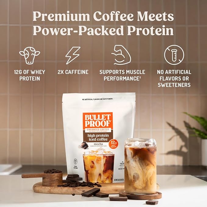 Bulletproof Iced Protein Coffee Mocha 12g Whey Protein + MCT Oil 170mg Caffeine Instant Coffee from Real Beans &amp Cocoa Tested for Toxins No Artificial Flavors &amp Sweeteners 14 Servings