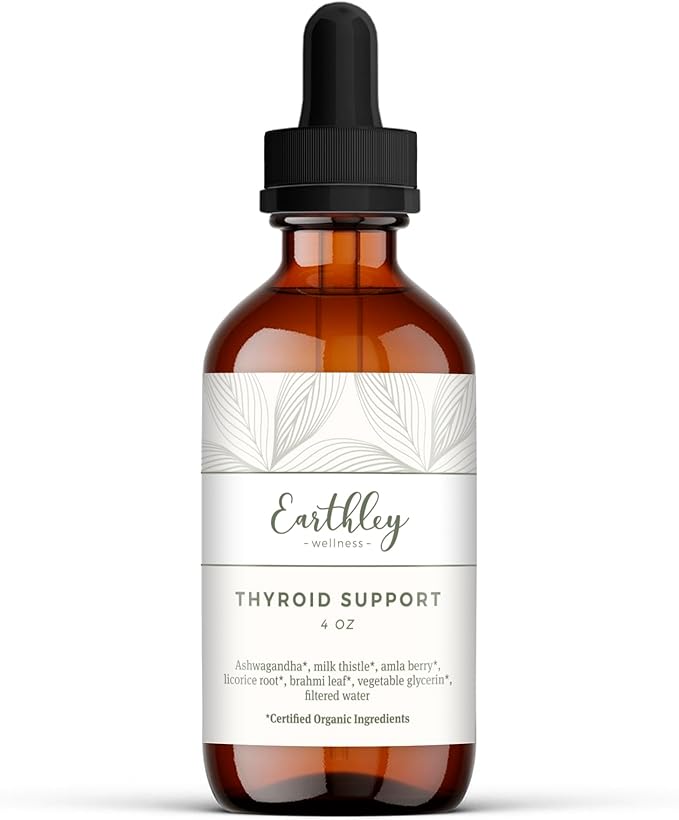 Earthley Wellness Thyroid Support Tincture Organic Herbal Supplement for Thyroid Health Hormonal Balance &amp Immune Support Ashwagandha Milk Thistle Amla Berry Licorice &amp Brahmi (4oz 240+