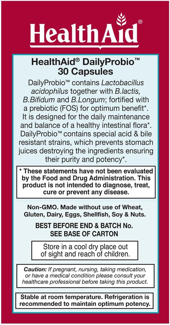 HealthAid DailyProbio – 10 Billion CFU 10 Strain Vegan Probiotic with Prebiotic | Acid &amp Bile Resistant Dairy &amp Gluten Free Non-GMO | Once Daily Digestive Support