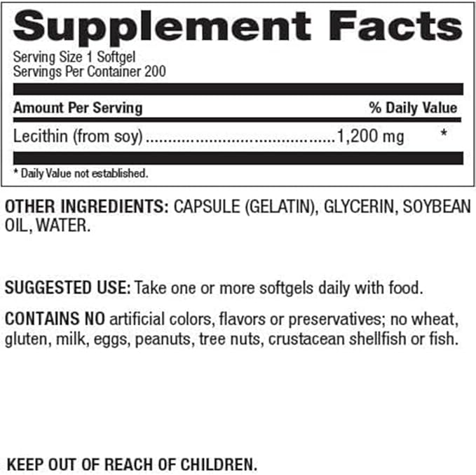 Natural Nutra Soy Lecithin 1200 mg Dietary Supplement - Brain Function Liver Health Improve Procreant Health Boosting Supplement - Gluten-Free BPA-Free 200 Softgels in Recyclable Glass Bottles